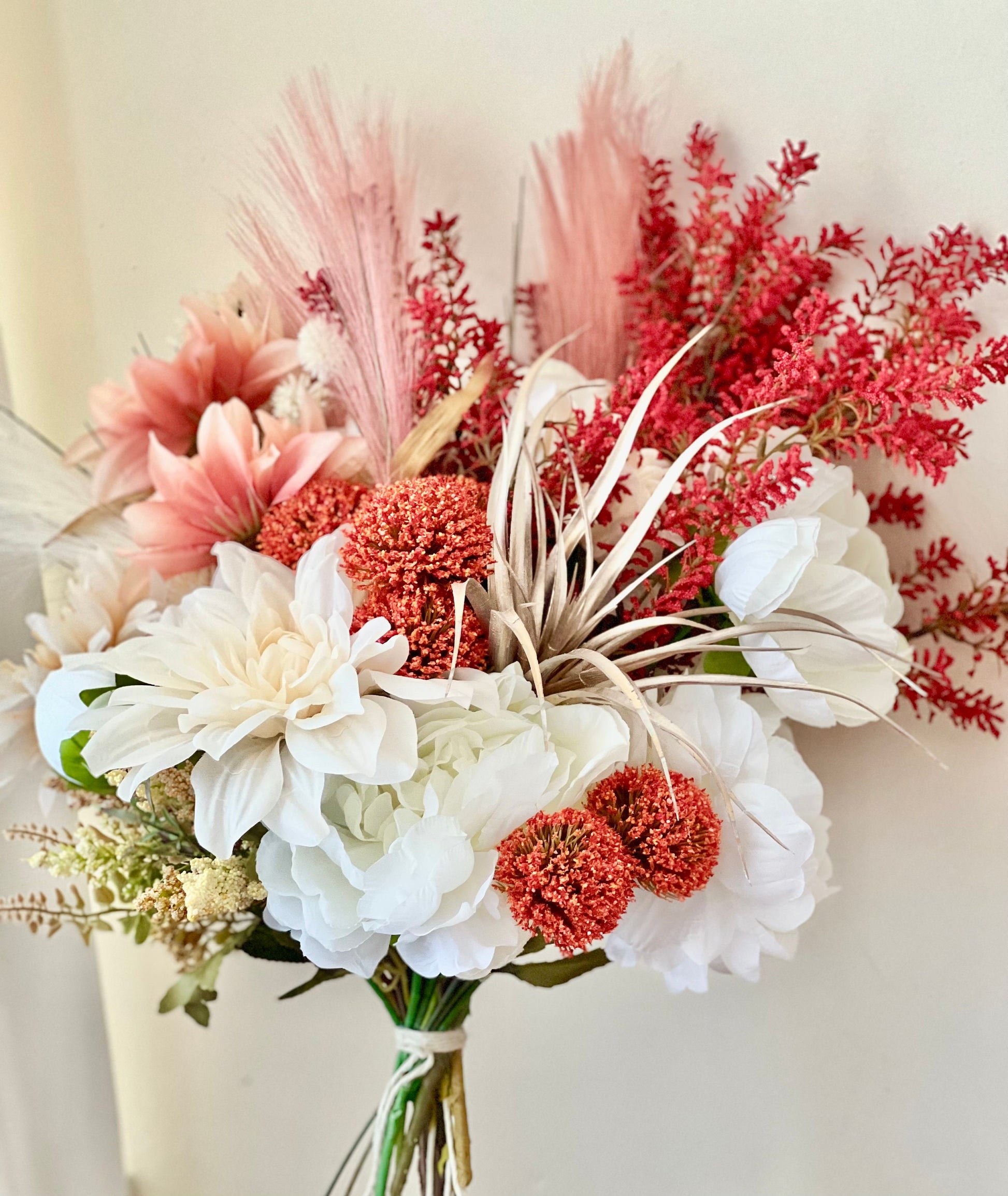 Extra large ivory peony, tillandsia, dahlia, berries, grasses and